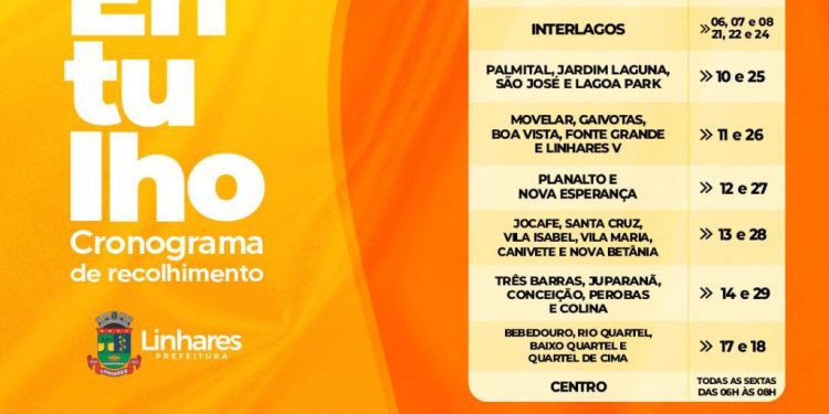 Prefeitura de Linhares divulga cronograma de recolhimento de entulhos para o mês de junho